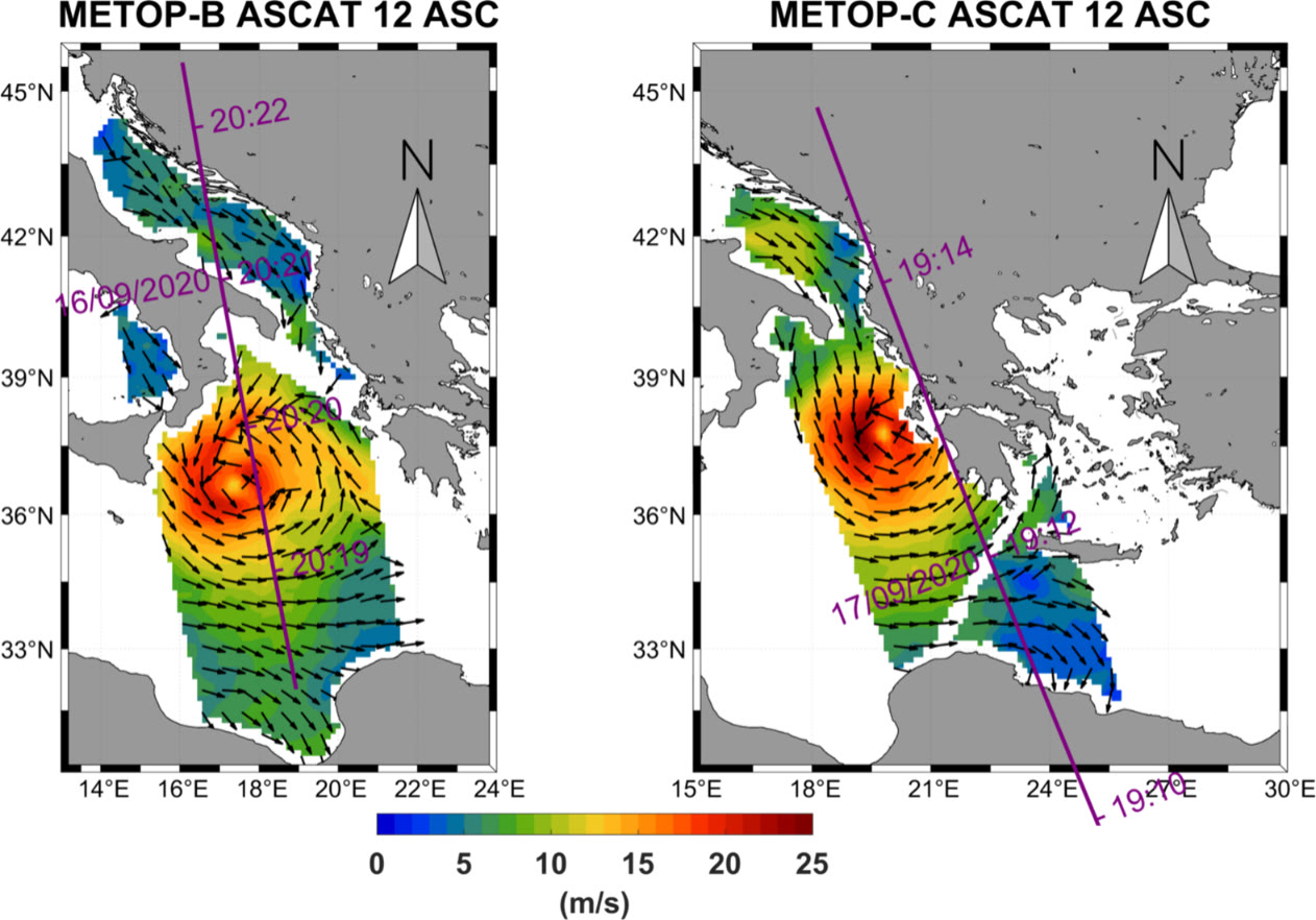Wind speed measurements from satellite METOP-B & METOP-C scatterometers (ASCAT)
