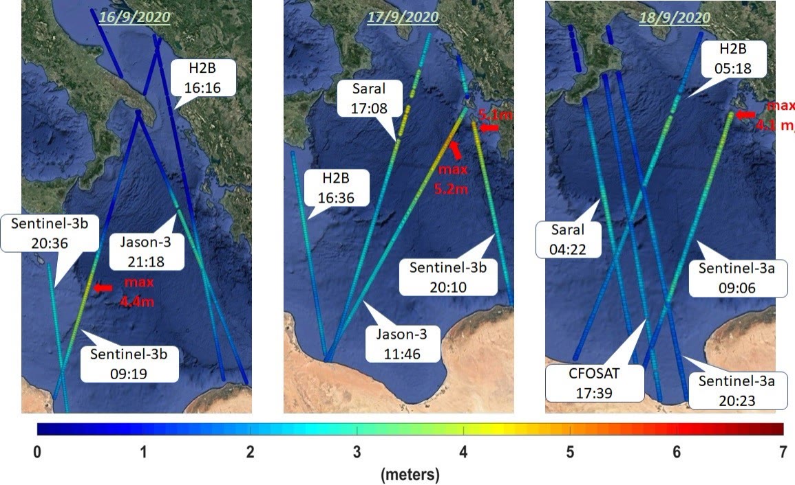 Significant wave height (in meters) as measured along the tracks of Sentinel-3a/3b, Jason-3, Saral and H2B satellites over the period 16/09/20 – 18/09/20