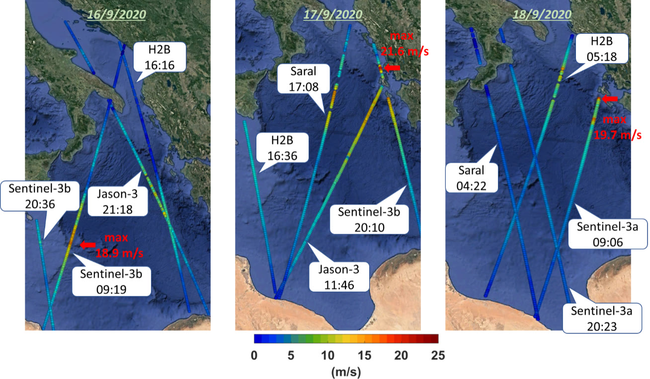 Wind speed measurements from the altimeters of the Sentinel-3b & 3a, Jason-3, Saral and H2B satellites along their tracks